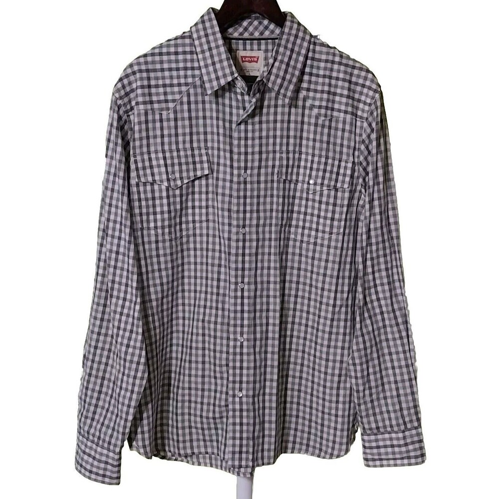 Levi Strauss Mens Large Gray Plaid Pearl Snap Button Shirt Western Cowboy Comfy